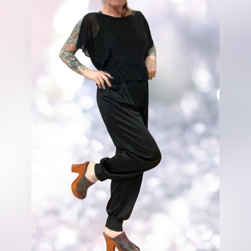 Hollywood glam Black satin disco vintage dancing queen Jumpsuit-M/L